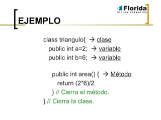 EJEMPLO class triangulo{     clase public int a=2;     variable public int b=6;     variable   public int area() {     Método return (2*6)/2 }  // Cierra el método. }  // Cierra la clase. 