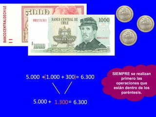 ( 1.000 + 300 ) 5.000 + 300 = 1.300 6.300 6.300 + 1.000 5.000 + = SIEMPRE se realizan primero las operaciones que están dentro de los paréntesis.