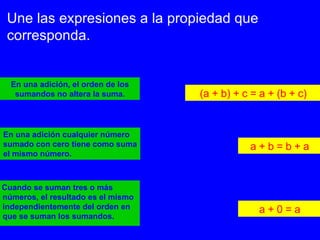En una adición cualquier número sumado con cero tiene como suma el mismo número. Cuando se suman tres o más números, el resultado es el mismo independientemente del orden en que se suman los sumandos. En una adición, el orden de los sumandos no altera la suma. a + b = b + a (a + b) + c = a + (b + c) a + 0 = a Une las expresiones a la propiedad que corresponda.