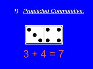 3 + 4 = 7 1) Propiedad Conmutativa.