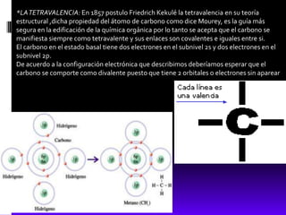 *LA TETRAVALENCIA: En 1857 postulo Friedrich Kekulé la tetravalencia en su teoría
estructural ,dicha propiedad del átomo de carbono como dice Mourey, es la guía más
segura en la edificación de la química orgánica por lo tanto se acepta que el carbono se
manifiesta siempre como tetravalente y sus enlaces son covalentes e iguales entre si.
El carbono en el estado basal tiene dos electrones en el subnivel 2s y dos electrones en el
subnivel 2p.
De acuerdo a la configuración electrónica que describimos deberíamos esperar que el
carbono se comporte como divalente puesto que tiene 2 orbitales o electrones sin aparear
 