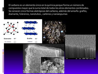 El carbono es un elemento único en la química porque forma un número de
compuestos mayor que la suma total de todos los otros elementos combinados.
Se conocen cinco formas alotrópicas del carbono, además del amorfo: grafito,
diamante, fulerenos, nanotubos , carbinos y nanoespumas
 