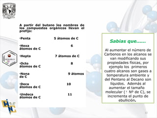 A partir del butano los nombres de
los compuestos orgánicos llevan el
prefijo:
•Penta 5 átomos de C
•Hexa 6
átomos de C
•Hepta 7 átomos de C
•Octo 8
átomos de C
•Nona 9 átomos
de C
•Deca 10
átomos de C
•Undeca 11
átomos de C
Sabias que......
Al aumentar el número de
Carbonos en los alcanos se
van modificando sus
propiedades físicas, por
ejemplo los primeros
cuatro alcanos son gases a
temperatura ambiente y
del Pentano al Decano son
líquidos. Además al
aumentar el tamaño
molecular ( Nº de C), se⇡
incrementa el punto de
ebullición.
12
 