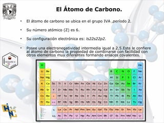 El Átomo de Carbono.
• El átomo de carbono se ubica en el grupo IVA ,período 2.
• Su número atómico (Z) es 6.
• Su configuración electrónica es: ls22s22p2.
• Posee una electronegatividad intermedia igual a 2,5.Este le confiere
al átomo de carbono la propiedad de combinarse con facilidad con
otros elementos muy diferentes formando enlaces covalentes.
2
 