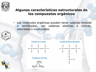 Algunas características estructurales de
los compuestos orgánicos
• Las moléculas orgánicas pueden tener cadenas lineales
o ramificadas, ser cadenas abiertas o cíclicas,
saturadas o insaturadas.
8
 