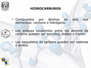 HIDROCARBUROS
• Compuestos por átomos de sólo dos
elementos: carbono e hidrógeno.
• Los enlaces covalentes entre los átomos de
carbono pueden ser sencillos, dobles o triples.
• Los esqueletos de carbono pueden ser cadenas
o anillos
9
 