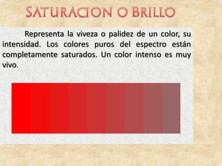 Representa la viveza o palidez de un color, su
intensidad. Los colores puros del espectro están
completamente saturados. Un color intenso es muy
vivo.
 