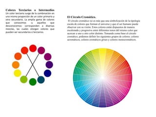 Colores Terciarios o Intermedios 
Un color terciario surge de la combinación en 
una misma proporción de un color primario y 
otro secundario. La amplia gama de colores 
que conocemos -y aquellos que 
desconocemos- corresponden a diversas 
mezclas, las cuales otorgan colores que 
pueden ser secundarios o terciarios. 
El Círculo Cromático. 
El círculo cromático no es más que una simbolización de la tipología 
escala de colores que forman el universo y que el ser humano puede 
observar con su visión. Estos colores están dispuestos de manera 
escalonada y progresiva entre diferentes tonos del mismo color que 
acercan a uno u otro color distinto. Tomando como base el círculo 
cromático, podemos definir los siguientes grupos de colores: colores 
acromáticos, colores cromáticos grises y colores monocromáticos. 
 