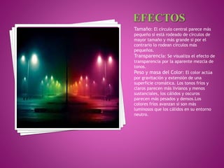 Tamaño: El círculo central parece más
pequeño si está rodeado de círculos de
mayor tamaño y más grande si por el
contrario lo rodean círculos más
pequeños.
Transparencia: Se visualiza el efecto de
transparencia por la aparente mezcla de
tonos.
Peso y masa del Color: El color actúa
por gravitación y extensión de una
superficie cromática. Los tonos fríos y
claros parecen más livianos y menos
sustanciales, los cálidos y oscuros
parecen más pesados y densos.Los
colores fríos avanzan si son más
luminosos que los cálidos en su entorno
neutro.
 
