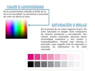 Es la característica referida al brillo de la 
luz a la oscuridad. La presencia o ausencia 
de color no afecta al tono. 
Es la pureza de un color respecto al gris. Es 
color saturado es simple. Está compuesto 
de matices primarios y secundarios. Los 
colores menos saturados apuntan hacia 
neutralidad cromática y son sutiles y 
tranquilizadores. Cuanto más intensa o 
saturado, más cargado está de expresión y 
emoción. Lo informativo es de color 
saturado. 
 