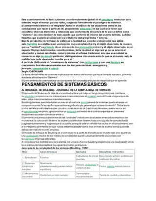 Este cuestionamiento lo llevó a plantear un reformulamiento global en el paradigma intelectual para
entender mejor el mundo que nos rodea, surgiendo formalmente el paradigma de sistemas.
El pensamiento sistémico es integrador, tanto en el análisis de las situaciones como en las
conclusiones que nacen a partir de allí, proponiendo soluciones en las cuales se tienen que
considerar diversos elementos y relaciones que conforman la estructura de lo que se define como
"sistema",así como también de todo aquello que conforma el entorno del sistema definido. La base
filosófica que sustenta esta posición es el Holismo (del griego holos = entero).
Bajo la perspectiva del enfoque de sistemas la realidad que concibe el observador que aplica
esta disciplina se establece por una relación muy estrecha entre él y el objeto observado, de manera
que su "realidad" es producto de un proceso de co-construcción entre él y el objeto observado, en un
espacio ?tiempo determinados, constituyéndose dicha realidad en algo que ya no es externoal
observador y común para todos, como lo plantea el enfoque tradicional, sino que esa realidad se
convierte en algo personal y particular, distinguiéndose claramente entre lo que es el mundo realy la
realidad que cada observador concibe para sí.
A partir de 1940 existe un "movimiento de sistemas",con instituciones y con una literatura en
crecimiento. Sus intereses centrales son los dos pares de ideas: emergencia y
jerarquía, comunicación y control.
Según CHECKLAND
La frase pensamiento de sistemas implica razonar acerca del mundo que hay afuera de nosotros,y hacerlo
mediante el concepto de "Sistema".
El pensamiento de sistemas hace uso consciente del concepto particular de integridad que se aprende
PENSAMIENTOS DE SISTEMASBÁSICOS
A) JERARQUÍA DE BOULDING: JERARQUÍA DE LA COMPLEJIDAD DE SISTEMAS
El concepto de Sistemas,la idea de una entidad entera que,bajo un rango de condiciones,mantiene
su identidad,proporciona una manera para mirar e interpretar al universo como si fuese una jerarquía de
tales,todos interconectados e interrelacionados.
Boulding planteas que debe haber un nivel en el cual una teoría general de sistemas pueda alcanzar un
compromiso entre "el especifico que no tiene significado ylo general que no tiene contenido".Dicha teoría
podría señalar similitudes entre las construcciones teóricas de disciplinas diferentes,revelar vacíos en
el conocimiento empírico,y proporcionar un lenguaje por medio de el cual los expertos en diferentes
disciplinas se puedan comunicar entre si.
El presenta una jerarquía preliminar de las "unidades"individuales localizadas en estudios empíricos del
mundo real,la colocación de ítems de la jerarquía viéndose determinada por su grado de complejidad al
juzgarle intuitivamente y sugiere que el uso de la jerarquía esta en señalar los vacíos en el conocimiento y en
el servir como advertencia de que nunca debemos aceptar como final un nivel de anales teórico que este
debajo del nivel del mundo empírico.
El método de enfoque de Boulding es el comenzar no a partir de disciplinas del mundo real,sino a partir de
una descripción intuitiva de los niveles de complejidad que el subsecuentemente relacionado con
las ciencias empíricas diferentes.
Al considerar los distintos tipos de sistemas del universo KennetBoulding proporciona una clasificación útil de
los sistemas donde establece los siguientes niveles jerárquicos.
Jerarquía de la complejidad de los sistemas (Boulding, 1956)
Nivel Características Ejemplos Disciplinas relevantes
1. Estructuras Estático
Estructuras de cristal,
puentes
Descripción verbal o pictórica en
cualquier disciplina
2. Sistemas
dinámicos
simples
Movimiento
predeterminado(pueden exhibir
equilibrio)
Relojes,máquinas,el
sistema solar
Física, ciencia natural clásica
3. Mecanismos
de control
Control en un ciclo cerrado
Termostatos,
mecanismos de
Teoría de control y cibernética
 