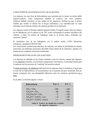 CARACTERÍSTICAS GENERALES DE LOS ALQUENOS.
Los alquenos son una clase de hidrocarburos que contienen por lo menos un enlace doble
carbono-carbono. Estos compuestos también se conocen con otros nombres:
etilénicos (debido al etileno, el más simple de los alquenos); olefinas (ya que el primer
nombre que recibió el etileno fue el de gas olefinante); y no saturados (por no estar
saturados con el máximo número de carbonos posibles en la molécula).
Los alquenos tienen la fórmula empírica general CnH2n. El ángulo mutuo entre los enlaces
de los hidrógenos con el carbono es de 120° como corresponde al carácter tetraédrico del
carbono, y todos los átomos de hidrógeno están en el mismo plano, formando una
estructura "planar".
Si sustituimos uno de los hidrógenos con el radical metilo (-CH3) obtenemos
el propeno o propileno CH3CH=CH2.
Las consecuentes sustituciones/adiciones de radicales van dando la posibilidad de obtener
estructuras con diferentes posiciones del doble enlace dentro de la molécula y además a la
formación de complejas estructuras ramificadas.
PROPIEDADES FÍSICAS DE LOS ALQUENOS
Los alquenos no abundan en las fuentes naturales como los alcanos, aunque hay alquenos
en los petróleos naturales, son de hecho componentes minoritarios. La principal fuente para
la industria son los procesos de "cracking" del petróleo natural.
El punto de fusión y de ebullición individual de los alquenos tiene la tendencia, al igual que
el resto de los hidrocarburos, de incrementarse con el aumento del peso molecular. Para un
mismo compuesto hay una distinguible diferencia entre los isómeros geométricos cis y
trans.
En la tabla 2 se brindan algunos valores.
 