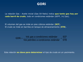 GORi La relación Gas - Aceite inicial (Gas Oil Ratio) indica  que tanto gas hay por cada barril de crudo , todo en condiciones estándar (60ºF, 14,7psi). El volumen del gas se mide en pies cúbicos estándar ( SCF ). El crudo se mide en barriles en tanque de almacenamiento ( STB ). Esta relación  es clave para determinar  el tipo de crudo en un yacimiento. 