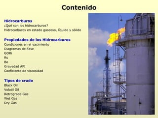 Contenido Hidrocarburos ¿Qué son los hidrocarburos? Hidrocarburos en estado gaseoso, líquido y sólido Propiedades de los Hidrocarburos Condiciones en el yacimiento Diagramas de Fase GORi Rs Bo Gravedad API Coeficiente de viscosidad Tipos de crudo Black Oil Volatil Oil Retrograde Gas Wet Gas Dry Gas 