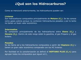 ¿Qué son los Hidrocarburos? Como se mencionó anteriormente, los hidrocarburos pueden ser: Livianos Son hidrocarburos compuestos principalmente de  Metano (C 1 ) . Se les conoce como gases pobres porque no contienen hidrocarburos pesados y por lo tanto no tienen un buen valor económico. Intermedios Se componen principalmente de los hidrocarburos entre  Etano (C 2 )  y  Hexano (C 6 ) . Dentro de este rango están la gasolina, el gas Propano y el gas butano. Pesados Se les llama así a los hidrocarburos compuestos a partir del  Heptano (C 7 )  y tienen un gran valor económico comparado con los HC livianos. Por facilidad en la caracterización se definió el  HEPTANO PLUS (C 7 +)  para agrupar todos los compuestos que siguen al C 7. 