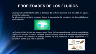 PROPIEDADES DE LOS FLUIDOS
GRAVEDAD ESPECÍFICA; indica la densidad de un fluido respecto a la densidad del agua a
temperatura estándar.
Es adimensional, no tiene unidades debido a que resulta del coeficiente de dos unidades de
igual magnitud .
La Conductividad térmica es una propiedad física de los materiales que mide la capacidad de
conducción de calor. En otras palabras, la conductividad térmica es también la capacidad de
una sustancia de transferir la energía cinética de sus moléculas a otras adyacentes o a
sustancias con las que está en contacto.
 