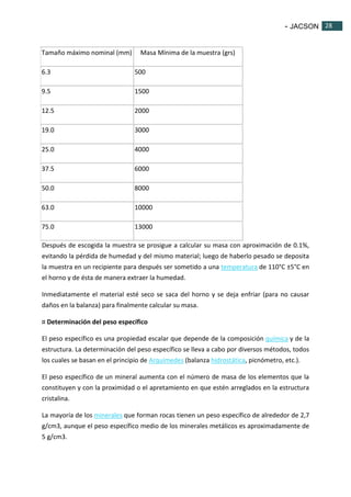 - JACSON 28 
28 
Tamaño máximo nominal (mm) Masa Mínima de la muestra (grs) 
6.3 500 
9.5 1500 
12.5 2000 
19.0 3000 
25.0 4000 
37.5 6000 
50.0 8000 
63.0 10000 
75.0 13000 
Después de escogida la muestra se prosigue a calcular su masa con aproximación de 0.1%, 
evitando la pérdida de humedad y del mismo material; luego de haberlo pesado se deposita 
la muestra en un recipiente para después ser sometido a una temperatura de 110°C ±5°C en 
el horno y de ésta de manera extraer la humedad. 
Inmediatamente el material esté seco se saca del horno y se deja enfriar (para no causar 
daños en la balanza) para finalmente calcular su masa. 
¤ Determinación del peso específico 
El peso específico es una propiedad escalar que depende de la composición química y de la 
estructura. La determinación del peso específico se lleva a cabo por diversos métodos, todos 
los cuales se basan en el principio de Arquímedes (balanza hidrostática, picnómetro, etc.). 
El peso específico de un mineral aumenta con el número de masa de los elementos que la 
constituyen y con la proximidad o el apretamiento en que estén arreglados en la estructura 
cristalina. 
La mayoría de los minerales que forman rocas tienen un peso específico de alrededor de 2,7 
g/cm3, aunque el peso específico medio de los minerales metálicos es aproximadamente de 
5 g/cm3. 
 