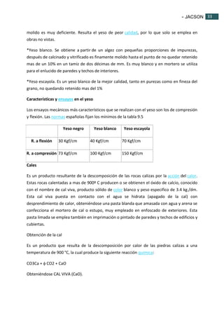 - JACSON 33 
33 
molido es muy deficiente. Resulta el yeso de peor calidad, por lo que solo se emplea en 
obras no vistas. 
*Yeso blanco. Se obtiene a partir de un algez con pequeñas proporciones de impurezas, 
después de calcinado y vitrificado es finamente molido hasta el punto de no quedar retenido 
mas de un 10% en un tamiz de dos décimas de mm. Es muy blanco y en mortero se utiliza 
para el enlucido de paredes y techos de interiores. 
*Yeso escayola. Es un yeso blanco de la mejor calidad, tanto en purezas como en fineza del 
grano, no quedando retenido mas del 1% 
Características y ensayos en el yeso 
Los ensayos mecánicos más característicos que se realizan con el yeso son los de compresión 
y flexión. Las normas españolas fijan los mínimos de la tabla 9.5 
Yeso negro Yeso blanco Yeso escayola 
R. a flexión 30 Kgf/cm 40 Kgf/cm 70 Kgf/cm 
R. a compresión 73 Kgf/cm 100 Kgf/cm 150 Kgf/cm 
Cales 
Es un producto resultante de la descomposición de las rocas calizas por la acción del calor. 
Estas rocas calentadas a mas de 900º C producen o se obtienen el óxido de calcio, conocido 
con el nombre de cal viva, producto sólido de color blanco y peso especifico de 3.4 kg./dm. 
Esta cal viva puesta en contacto con el agua se hidrata (apagado de la cal) con 
desprendimiento de calor, obteniéndose una pasta blanda que amasada con agua y arena se 
confecciona el mortero de cal o estupo, muy empleado en enfoscado de exteriores. Esta 
pasta limada se emplea también en imprimación o pintado de paredes y techos de edificios y 
cubiertas. 
Obtención de la cal 
Es un producto que resulta de la descomposición por calor de las piedras calizas a una 
temperatura de 900 °C, la cual produce la siguiente reacción química: 
CO3Ca +  CO2 + CaO 
Obteniéndose CAL VIVA (CaO). 
 