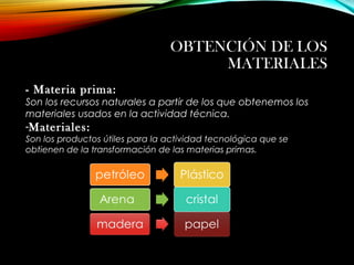 OBTENCIÓN DE LOS
MATERIALES
- Materia prima:
Son los recursos naturales a partir de los que obtenemos los
materiales usados en la actividad técnica.
-Materiales:
Son los productos útiles para la actividad tecnológica que se
obtienen de la transformación de las materias primas.
 