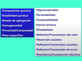 •Composición química
•Estabilidad química
•Estado de agregación
•Homogeneidad
•Porosidad/Compacidad
•Peso específico
•Higroscopicidad
•Permeabilidad
•Combustibilidad
•Inercia térmica
•Dilatabilidad
•Reflexión/Transmisión del calor
•Absorción acústica
•Reflexión/Transmisión acústica
•Reflexión/Transmisión de la luz
•Resistencia/Conducción eléctrica
 