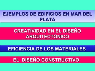 CREATIVIDAD EN EL DISEÑOCREATIVIDAD EN EL DISEÑO
ARQUITECTÓNICOARQUITECTÓNICO
EJEMPLOS DE EDIFICIOS EN MAR DELEJEMPLOS DE EDIFICIOS EN MAR DEL
PLATAPLATA
EJEMPLOS DE EDIFICIOS EN MAR DELEJEMPLOS DE EDIFICIOS EN MAR DEL
PLATAPLATA
EL DISEÑO CONSTRUCTIVOEL DISEÑO CONSTRUCTIVO
EFICIENCIA DE LOS MATERIALESEFICIENCIA DE LOS MATERIALES
 