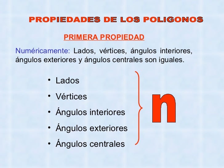 PROPIEDADES DE LOS POLIGONOS PRIMERA PROPIEDAD Numéricamente:  Lados, vértices, ángulos interiores, ángulos exteriores y á...