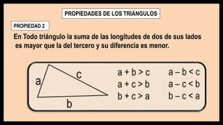 PROPIEDADES DE LOS TRIÁNGULOS
PROPIEDAD 2
En Todo triángulo la suma de las longitudes de dos de sus lados
es mayor que la del tercero y su diferencia es menor.
 
