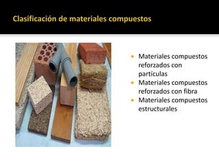 Materiales compuestos
reforzados con
partículas
 Materiales compuestos
reforzados con fibra
 Materiales compuestos
estructurales
 