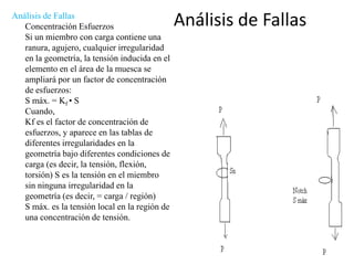 Análisis de FallasAnálisis de Fallas
Concentración Esfuerzos
Si un miembro con carga contiene una
ranura, agujero, cualquier irregularidad
en la geometría, la tensión inducida en el
elemento en el área de la muesca se
ampliará por un factor de concentración
de esfuerzos:
S máx. = Kf • S
Cuando,
Kf es el factor de concentración de
esfuerzos, y aparece en las tablas de
diferentes irregularidades en la
geometría bajo diferentes condiciones de
carga (es decir, la tensión, flexión,
torsión) S es la tensión en el miembro
sin ninguna irregularidad en la
geometría (es decir, = carga / región)
S máx. es la tensión local en la región de
una concentración de tensión.
 