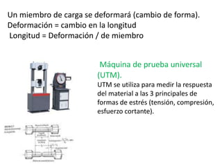 Un miembro de carga se deformará (cambio de forma).
Deformación = cambio en la longitud
Longitud = Deformación / de miembro
Máquina de prueba universal
(UTM).
UTM se utiliza para medir la respuesta
del material a las 3 principales de
formas de estrés (tensión, compresión,
esfuerzo cortante).
 