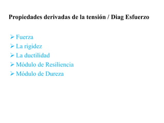 Propiedades derivadas de la tensión / Diag Esfuerzo
 Fuerza
 La rigidez
 La ductilidad
 Módulo de Resiliencia
 Módulo de Dureza
 