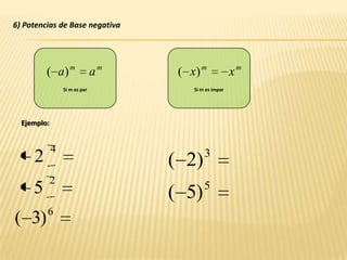 4) Potencia de un productoLa potencia de un producto de dos o más factores es igual al producto de los factores, elevado cada uno de ellos al exponente común.Ejemplo: Expresa como un producto las siguientes potencias.