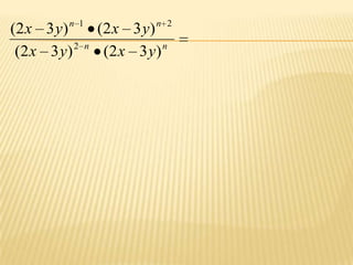 Recordando Las potenciasPropiedades:1) Producto de Potencias de igual baseLa multiplicación de potencias de igual base da como producto otra potencia que tiene la misma base y cuyo exponente es la “suma” de los elementos de cada una.Ejemplo: