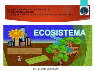 UNIVERSIDAD BOLIVARIANA DE VENEZUELA
PFG EN GESTIÓN AMBIENTAL
UC BASES ECOLÓGICAS DE SISTEMAS AMBIENTALES DE VENEZUELA
Dra. Gioconda Briceño. 2021
 
