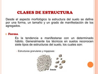 CLASES DE ESTRUCTURA
Desde el aspecto morfológico la estructura del suelo se define
por una forma, un tamaño y un grado de manifestación de los
agregados.
 Forma.
Es la tendencia a manifestarse con un determinado
hábito. Generalmente los técnicos en suelos reconocen
siete tipos de estructuras del suelo, los cuales son:
 Estructuras granulares y migajosas:
 