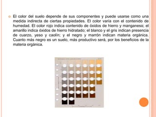  El color del suelo depende de sus componentes y puede usarse como una
medida indirecta de ciertas propiedades. El color varía con el contenido de
humedad. El color rojo indica contenido de óxidos de hierro y manganeso; el
amarillo indica óxidos de hierro hidratado; el blanco y el gris indican presencia
de cuarzo, yeso y caolín; y el negro y marrón indican materia orgánica.
Cuanto más negro es un suelo, más productivo será, por los beneficios de la
materia orgánica.
 