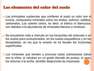 Los elementos del color del suelo
 Las principales sustancias que confieren al suelo su color son el
humus, compuestos minerales como los óxidos, sulfuros, sulfatos,
carbonatos. Los colores claros, es decir, el blanco el blancuzco,
son debidos a la abundancia de minerales blancos o incoloros.
 Se encuentran más a menudo en los horizontes del subsuelo o en
los suelos poco evolucionados, en los suelos esqueléticos y en los
decapitados, en los que la erosión se ha llevado los horizontes
superficiales.
 Los minerales que tienden a provocar estas coloraciones claras
son la sílice, el calcáreo en un grado elevado de pureza, el yeso,
los cloruros o la arcilla, también desprovista de impurezas.
 
