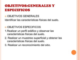 OBJETIVOS:GENERALES Y
ESPECIFICOS
 OBJETIVOS GENERALES
Identificar las características físicas del suelo.
 OBJETIVOS ESPECIFICOS
1.Realizar un perfil edáfico y observar las
características físicas del suelo.
2. Realizar un muestreo superficial y obtener las
características físicas del suelo.
3. Realizar un reconocimiento del sitio.
 