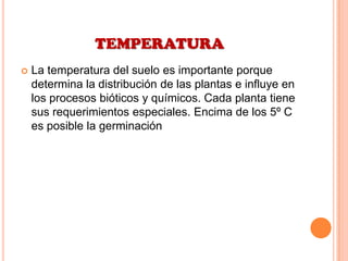 TEMPERATURA
 La temperatura del suelo es importante porque
determina la distribución de las plantas e influye en
los procesos bióticos y químicos. Cada planta tiene
sus requerimientos especiales. Encima de los 5º C
es posible la germinación
 