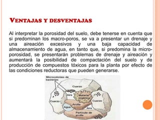 VENTAJAS Y DESVENTAJAS
Al interpretar la porosidad del suelo, debe tenerse en cuenta que
si predominan los macro-poros, se va a presentar un drenaje y
una aireación excesivos y una baja capacidad de
almacenamiento de agua, en tanto que, si predomina la micro-
porosidad, se presentarán problemas de drenaje y aireación y
aumentará la posibilidad de compactación del suelo y de
producción de compuestos tóxicos para la planta por efecto de
las condiciones reductoras que pueden generarse.
 