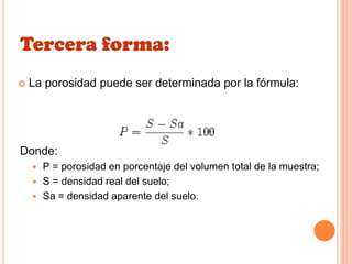 Tercera forma:
 La porosidad puede ser determinada por la fórmula:
Donde:
 P = porosidad en porcentaje del volumen total de la muestra;
 S = densidad real del suelo;
 Sa = densidad aparente del suelo.
 