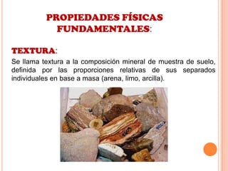 PROPIEDADES FÍSICAS
FUNDAMENTALES:
TEXTURA:
Se llama textura a la composición mineral de muestra de suelo,
definida por las proporciones relativas de sus separados
individuales en base a masa (arena, limo, arcilla).
 