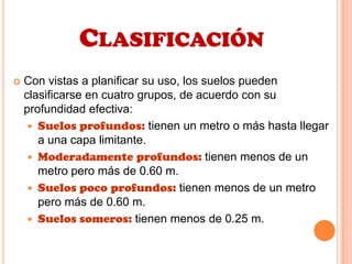 CLASIFICACIÓN
 Con vistas a planificar su uso, los suelos pueden
clasificarse en cuatro grupos, de acuerdo con su
profundidad efectiva:
 Suelos profundos: tienen un metro o más hasta llegar
a una capa limitante.
 Moderadamente profundos: tienen menos de un
metro pero más de 0.60 m.
 Suelos poco profundos: tienen menos de un metro
pero más de 0.60 m.
 Suelos someros: tienen menos de 0.25 m.
 