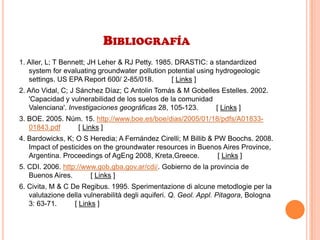 BIBLIOGRAFÍA
1. Aller, L; T Bennett; JH Leher & RJ Petty. 1985. DRASTIC: a standardized
system for evaluating groundwater pollution potential using hydrogeologic
settings. US EPA Report 600/ 2-85/018. [ Links ]
2. Año Vidal, C; J Sánchez Díaz; C Antolin Tomás & M Gobelles Estelles. 2002.
'Capacidad y vulnerabilidad de los suelos de la comunidad
Valenciana'. Investigaciones geográficas 28, 105-123. [ Links ]
3. BOE. 2005. Núm. 15. http://www.boe.es/boe/dias/2005/01/18/pdfs/A01833-
01843.pdf [ Links ]
4. Bardowicks, K; O S Heredia; A Fernández Cirelli; M Billib & PW Boochs. 2008.
Impact of pesticides on the groundwater resources in Buenos Aires Province,
Argentina. Proceedings of AgEng 2008, Kreta,Greece. [ Links ]
5. CDI. 2006. http://www.gob.gba.gov.ar/cdi/. Gobierno de la provincia de
Buenos Aires. [ Links ]
6. Civita, M & C De Regibus. 1995. Sperimentazione di alcune metodlogie per la
valutazione della vulnerabilità degli aquiferi. Q. Geol. Appl. Pitagora, Bologna
3: 63-71. [ Links ]
 