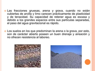  Las fracciones gruesas, arena y grava, cuando no están
cubiertas de arcilla y limo carecen prácticamente de plasticidad
y de tenacidad. Su capacidad de retener agua es escasa y
debido a los grandes espacios entre sus partículas separadas,
el paso del agua gravitacional es rápido.
 Los suelos en los que predominan la arena o la grava, por esto,
son de carácter abierto poseen un buen drenaje y aireación y
no ofrecen resistencia al laboreo.
 