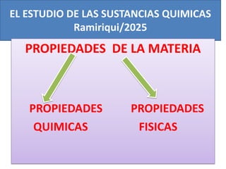 EL ESTUDIO DE LAS SUSTANCIAS QUIMICAS
Ramiriqui/2025
PROPIEDADES DE LA MATERIA
PROPIEDADES PROPIEDADES
QUIMICAS FISICAS
 