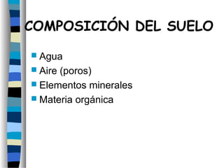 COMPOSICIÓN DEL SUELO
 Agua
 Aire (poros)
 Elementos minerales
 Materia orgánica
 