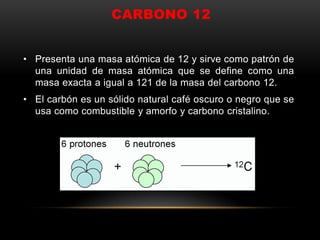 CARBONO 12
• Presenta una masa atómica de 12 y sirve como patrón de
una unidad de masa atómica que se define como una
masa exacta a igual a 121 de la masa del carbono 12.
• El carbón es un sólido natural café oscuro o negro que se
usa como combustible y amorfo y carbono cristalino.
 