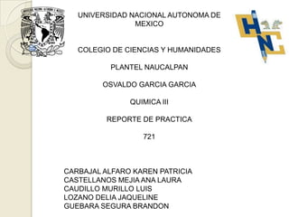 UNIVERSIDAD NACIONAL AUTONOMA DE
                MEXICO


   COLEGIO DE CIENCIAS Y HUMANIDADES

          PLANTEL NAUCALPAN

         OSVALDO GARCIA GARCIA

               QUIMICA III

         REPORTE DE PRACTICA

                  721



CARBAJAL ALFARO KAREN PATRICIA
CASTELLANOS MEJIA ANA LAURA
CAUDILLO MURILLO LUIS
LOZANO DELIA JAQUELINE
GUEBARA SEGURA BRANDON
 