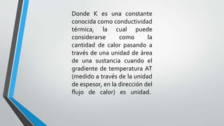 Donde K es una constante
conocida como conductividad
térmica, la cual puede
considerarse
como
la
cantidad de calor pasando a
través de una unidad de área
de una sustancia cuando el
gradiente de temperatura AT
(medido a través de la unidad
de espesor, en la dirección del
flujo de calor) es unidad.

 